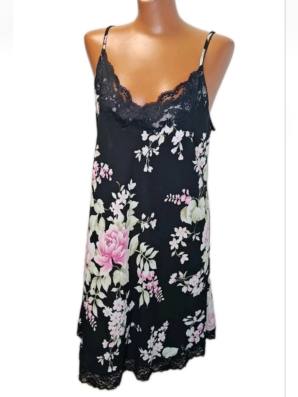 Oscar DeLa Renta Pink Label Lace Trim V-Neck Slip Dress XL Black Floral Lace Hem